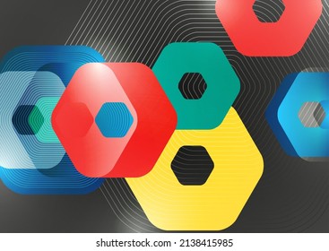 Bright abstract overlapping geometric shapes of hexagons on a dark background. Business presentation template. Modern geometric design. Vector illustration.