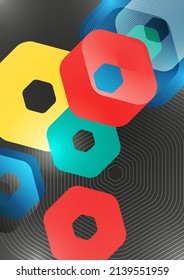 Bright abstract overlapping geometric shapes of hexagons on a dark background. Business presentation template. Modern geometric design. Vector illustration.
