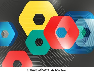 Formas geométricas resplandecientes y abstractas superpuestas de hexágonos en un fondo oscuro. Plantilla de presentación comercial. Diseño geométrico moderno. Ilustración vectorial.