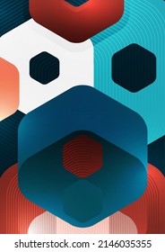 Bright abstract overlapping geometric shapes of hexagons on a dark background. Business presentation template. Modern geometric design. Vector illustration.