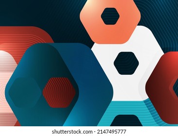Bright abstract overlapping geometric shapes of hexagons on a dark background. Business presentation template. Modern geometric design. Vector illustration.
