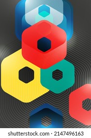 Bright abstract overlapping geometric shapes of hexagons on a dark background. Business presentation template. Modern geometric design. Vector illustration.