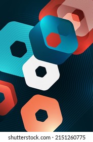 Bright abstract overlapping geometric shapes of hexagons on a dark background. Business presentation template. Modern geometric design. Vector illustration.