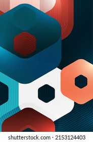 Bright abstract overlapping geometric shapes of hexagons on a dark background. Business presentation template. Modern geometric design. Vector illustration.