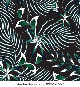 Bright abstract palm leaves seamless pattern with vintage color tropical leaves and plants foliage on night background. Vector design. Jungle print. Floral background. Exotic tropics. Fresh design