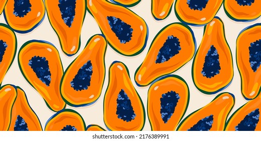 Bright abstract papaya print. Modern hand drawn seamless pattern. Fashionable template for design.