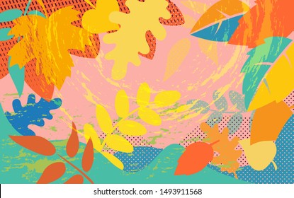 Bright abstract pattern background with colorful autumn tree foliage, plants leaves, vintage wallpaper design, vector illustration