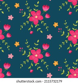 Patrón abstracto brillante con flores decorativas. Motivos folclóricos, estilización de bordados. Ilustración vectorial en un fondo oscuro. Adecuado para decorar varias superficies. Papel tapiz, empaque.