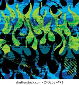 bright abstract pattern with flames. Hand drawn seamless pattern for textiles, sportswear, car tuning