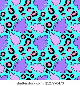 Bright abstract pattern with palm leaves and leopard fur pattern, seamless vector pattern