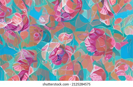 Bright abstract pattern of spring blooming flowers. Hand-drawn illustration in bright colors. roses, tulips, cornflowers in a sunny meadow. poster design, postcard for the holiday.