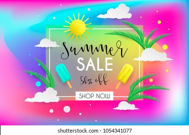 Bright abstract pattern summer beach background with line texture for menu brochure cover design. Purple, red, yellow and green vector banner poster template. Tropical vector design.