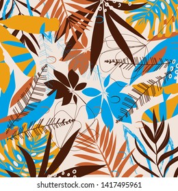 Bright abstract pattern with tropical leaves and plants on a beige geometric background. Vector design. Jungle print. Textiles and printing. Floral background.