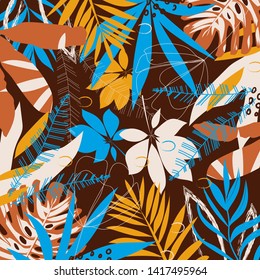Bright abstract pattern with tropical leaves and plants on a Burgundy geometric background. Vector design. Jungle print. Textiles and printing. Floral background.