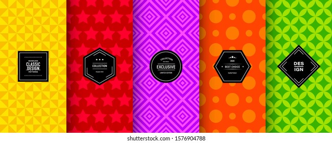 Bright abstract patterns. Set of seamless colorful vector patterns. Modern children background. Patterns for celebrations, invitation, scrapbooking and fashion design. Bright rainbow color