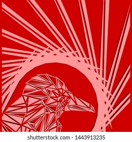 Bright abstract pink bird on a red background in the nest. Silhouette of the head of a crow of triangular elements.