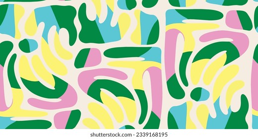 Bright abstract playful abstract shapes print. Contemporary seamless pattern. Fashionable template for design.