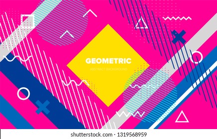 Bright abstract Pop art style background, minimal dynamic cover design. Blue, pink, yellow vivid color palette.