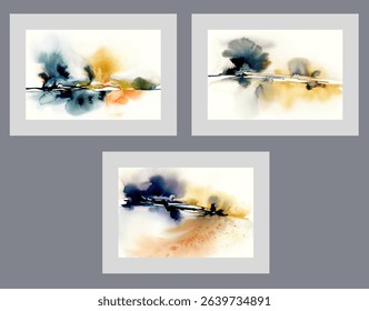Bright abstract posters from art gallery, with colorful flashes on white background. Collection of abstract artworks for interior designer who uses paintings to decorate walls of property