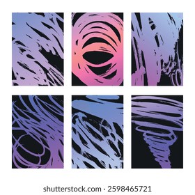 Bright abstract posters dynamic chaotic lilac lines on black background hand drawn vector illustrations