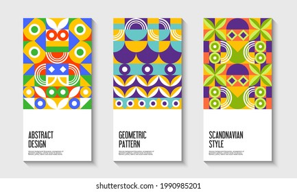 Bright abstract posters with symmetrical geometric motifs in green, red, blue, and yellow. Inspired by folk and Scandinavian art, forming repetitive bold patterns.