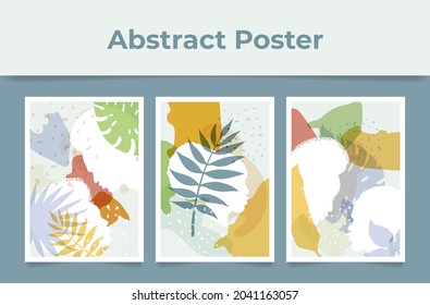 Bright abstract posters, wallpapers, covers, cards set vector flat illustration. Vertical decorative postcards with human faces, tropical leaves and pastel color blot. Creative composition for decor