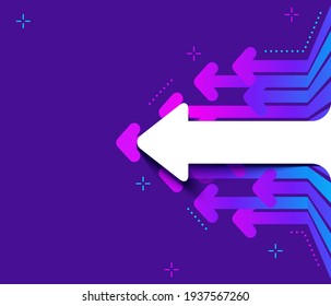 Bright Abstract purple background with white paper arrows on dark backdrop. Arrows move to back. Futuristic Vector illustration. 