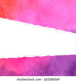 Bright abstract purple watercolor background with realistic torn paper in the middle. Vector illustration.