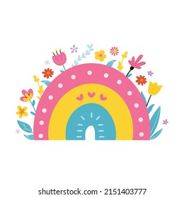 Bright abstract rainbow with flowers. Vector hand drawn spring illustration