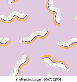 Bright abstract rainbow shapes seamless vector pattern on a light purple background. Minimalistic graphic colorful waves background with textures perfect for background or packaging design.