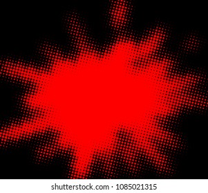 Explosión de puntos rojos y resplandecientes sobre fondo negro. Efecto semitónico. Ilustración vectorial.