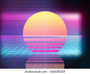 Bright abstract retrofuturistic background in 80s-90s neon aesthetics style. Vector vaporwave/ synthwave illustration with laser grid 