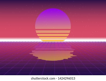 Bright abstract retrofuturistic background in 80s-90s neon aesthetics vaporwave/ synthwave  style. Virtual reality cyberlandscape with perspective laser grid and rising sun.