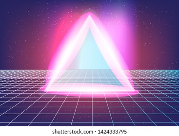 Bright abstract retrofuturistic background in 80s-90s neon aesthetics vaporwave/ synthwave  style. Virtual reality cyberlandscape with perspective laser grid and triangle in the center.