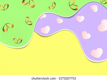 Bright abstract romantic background. Waves, many hearts and bows. Vector illustration for your design.