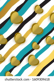Bright abstract romantic design. Many cut out paper hearts, colored wavy stripes on a white background. Vector illustration.
