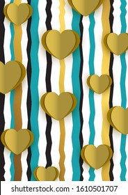 Bright abstract romantic design. Many cut out paper hearts, colored wavy stripes on a white background. Vector illustration.
