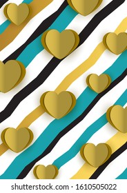 Bright abstract romantic design. Many cut out paper hearts, colored wavy stripes on a white background. Vector illustration.