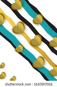 Bright abstract romantic design. Many cut out paper hearts, colored wavy stripes on a white background. Vector illustration.