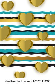 Bright abstract romantic design. Many cut out paper hearts, colored wavy stripes on a white background. Vector illustration.