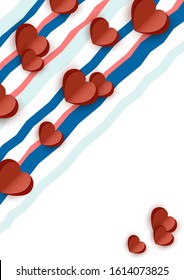 Bright abstract romantic design. Many cut out paper hearts, colored wavy stripes on a white background. Vector illustration.