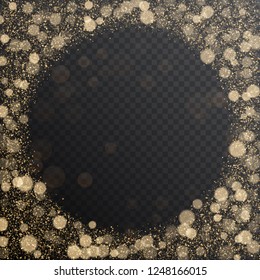 Bright abstract round frame of glowing gold particles with bokeh effect. Light effects on a transparent background. Vector illustration