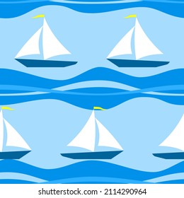 Bright abstract seamless background with blue waves and sailboats. Vector design.