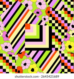Bright abstract seamless background created in form of patchwork with floral, checkered and striped pieces. Summer geometric pattern in collage style. Collection of creative prints for fabric. Vector.