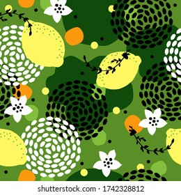 Un abstracto brillante sin fisuras con limones. Ilustración vectorial. Gráficos manuales. Patrón inoxidable para decorar varias superficies.