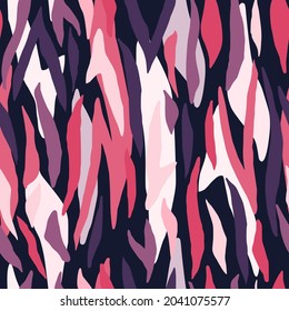 Bright abstract seamless pattern with animal leather stripes ornament. Pink, purple, white colorful safari print. Perfect for wallpaper, textile, wrapping paper, fabric print. Vector illustration.