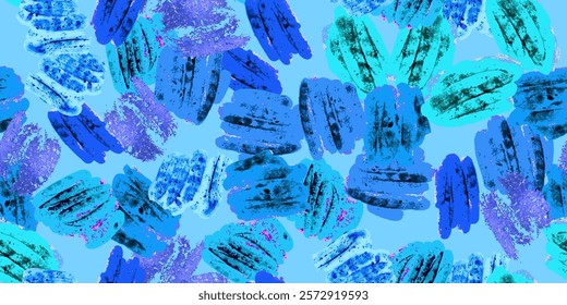 Bright abstract seamless pattern, background with blue, green, purple watercolor and ink shapes and stains. Repeating vector print