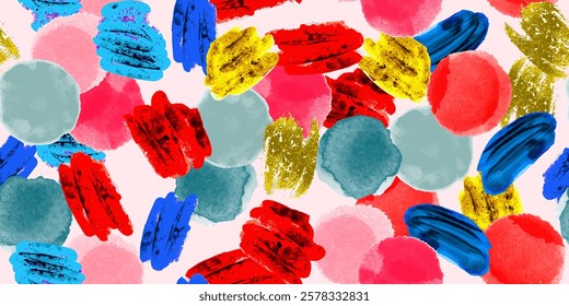 Bright abstract seamless pattern, background with gold, blue, pink, red watercolor and ink shapes and stains. Repeating vector print