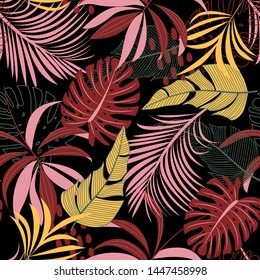 Bright abstract seamless pattern with colorful tropical leaves and plants on black background. Vector design. Jungle print. Floral background. Printing and textiles. Exotic tropics. Fresh design.