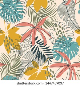 Bright abstract seamless pattern with colorful tropical leaves and plants on delicate background. Vector design. Jungle print. Floral background. Printing and textiles. Exotic tropics. Fresh design.